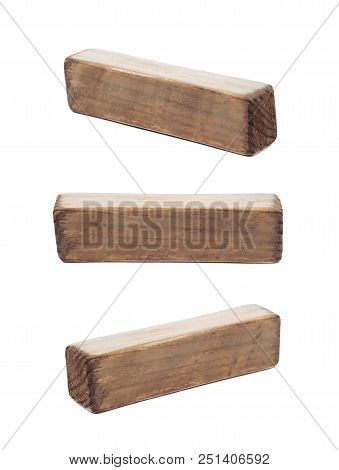 Hyphen Dash Symbol Sawn Of Wood And Paint Coated, Isolated Over The White Background, Set Of Three D