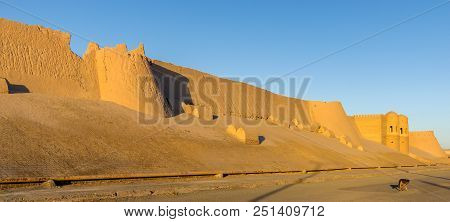 Lonely Dog Wandering In Front City Wall And South Gate Of Ichan Kala During Sunset - Khiva, Uzbekist