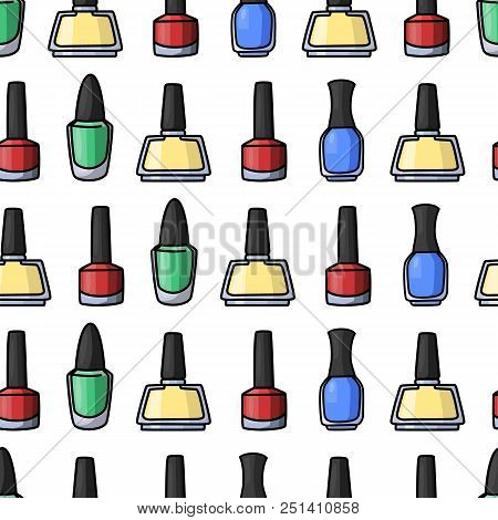 Seamless Pattern With Colorful Nail Polishes. Cosmetics. Colored Doodle Illustration.