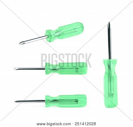 Tiny Crosshead Screwdriver With A Plastic Green Handle, Isolated Over The White Background, Set Of F