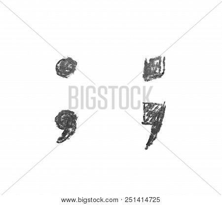 Hand Drawn With The Colorful Chalks Semicolon Symbol Isolated Over The White Background, Set Of Two 