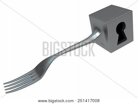 Fork Metal Keyhole Cube, 3d Illustration, Horizontal, Isolated, Over White