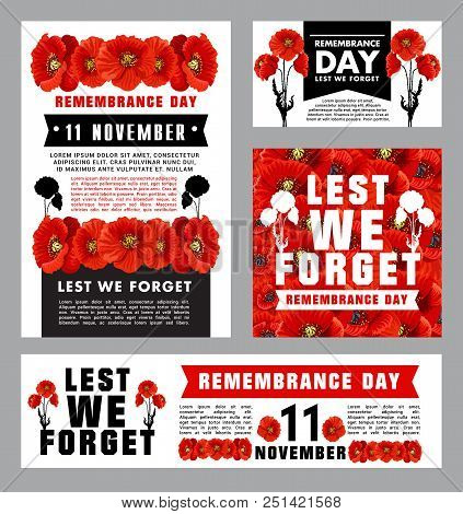 Remembrance Day Memorial Card Template With British Legion Red Poppy. World War Army Force, Soldier 