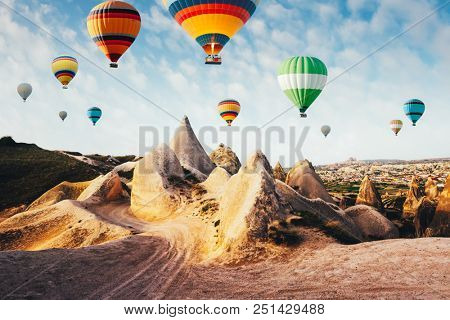 Color balloons in the sunrise sky. Cappadocia, Turkey