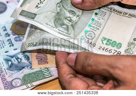 Selective Focus. Profit From Business. Texture And Background New 500 Indian Rupee Currency Ready Fo
