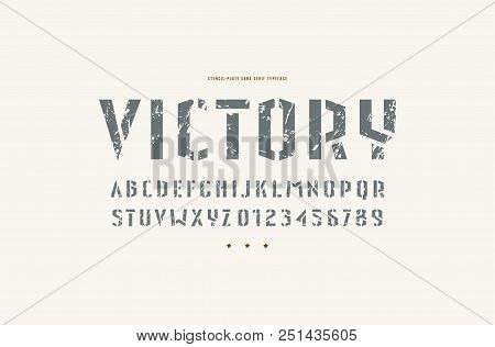 Stencil-plate Sans Serif Font In Military Style. Letters And Numbers With Rough Texture For Logo And