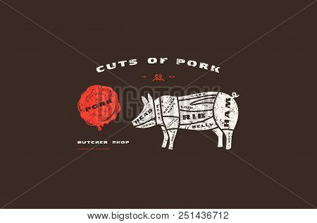 Stock Vector Pork Cuts Diagram In Flat Style. Design With Rough Texture. Color Print On Black Backgr