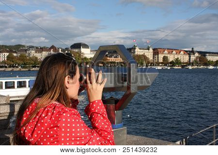 Zurich, Switzerland: Sep 21, 2017 - Woman Looking Landscape Of Zurich, Switzerland