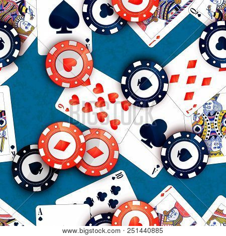 Bright Casino Chips And Poker Cards On Blue Table, Seamless Pattern