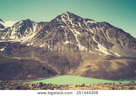 Beautiful Panoramic View At Kucherla Mountain Lake And Mountain Range. Belukha National Park, Altai 