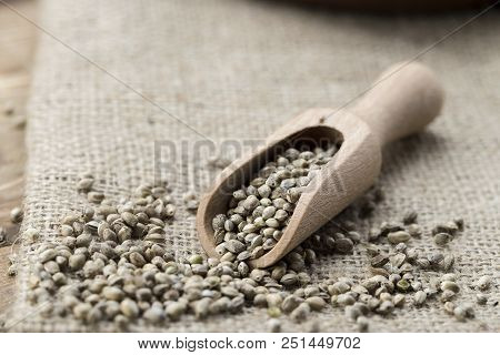 Hemp Seeds In A Rustic Wooden Spoon On The Burlap Napkin, Space For Text