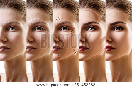 Young Woman Applying Make-up Step By Step. Before And After Make-up.