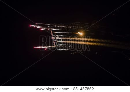 Torre Del Mar, Spain - July 28, 2018: Aerosparks Planes Performing Night Airshow In The Night With F