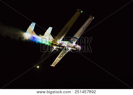 Torre Del Mar, Spain - July 28, 2018: Aerosparks Planes Performing Night Airshow In The Night With F
