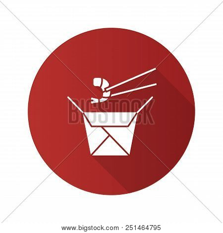 Chinese Noodles With Seafood In Paper Box Flat Design Long Shadow Glyph Icon. Wok Noodles With Shrim