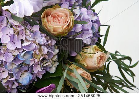 Bouquet Of Flowers Close Up. Beautiful Photo Collage For Floral Design And Card Celebration