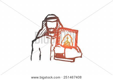 Man, Koran, Religion, Muslim, Arabic, Islam Concept. Hand Drawn Muslim Man With Koran Book In Hands 