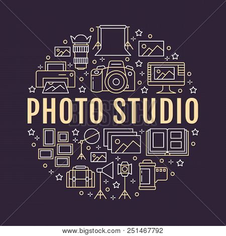 Photography Equipment Poster With Flat Line Icons. Vector Circle Illustration, Concept For Photostud