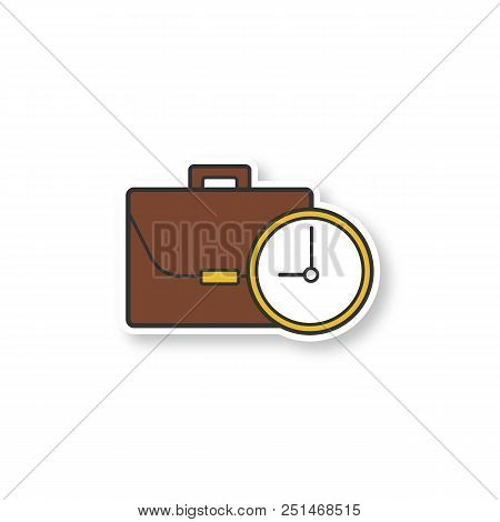 Work Time Patch. Business Briefcase With Clock. Color Sticker. Vector Isolated Illustration