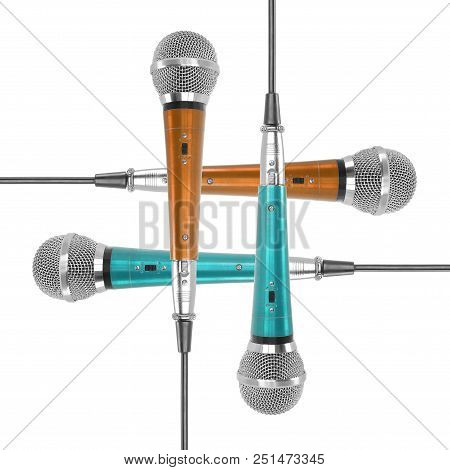 Music And Sound - Four Vintage Vocal Microphone Iin The Form Hashtag Metadata Sharp Solated On A Whi