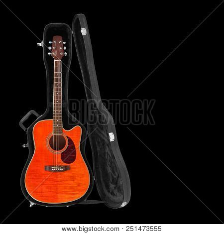 Musical Instrument - Tiger Flame Maple Electro Acoustic Cutaway Guitar Hard Case Isolated On A White