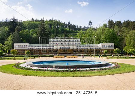 Luhacovice, Czech Republic - April 30 2018: Spolecensky Dum - Cultural Center House In Spa Town On A