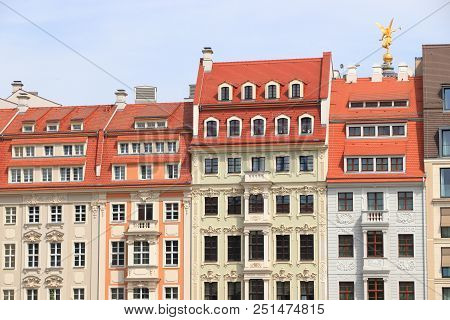 Dresden City In Germany (state Of Sachsen). Old Town (altstadt) Colorful Architecture Street View.