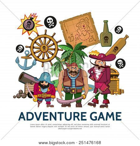 Flat Colorful Adventure Game Concept With Pirates Map Bottles Anchor Cannon Treasure Chest Tropical 