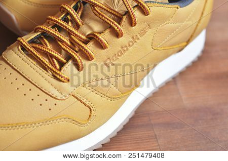 Kiev, Ukraine - May 30, 2018: Reebok Photo Of A Brown Sneaker On The Side Close-up