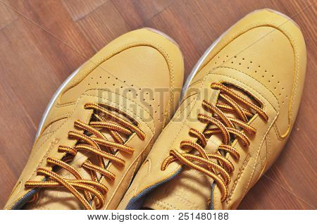 Kiev, Ukraine - May 30, 2018: Reebok Two Light Brown Sneakers Standing Next To Each Other, Photo Fro