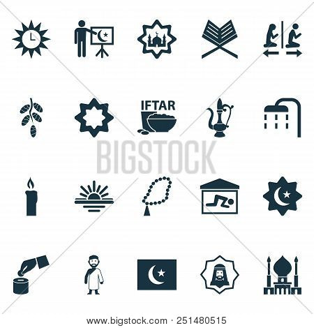 Ramadan Icons Set With Candle, Rub El Hizb, Rosary Oriental Jug Elements. Isolated Vector Illustrati