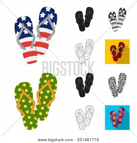 Flip-flops Cartoon, Black, Flat, Monochrome, Outline Icons In Set Collection For Design. Beach Shoes