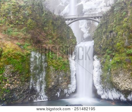 Icy Lower Tier Multnomah Falls Oregon In Wintertime