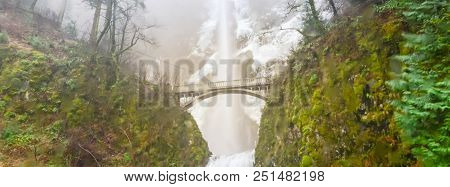Panorama Icy Multnomah Falls Oregon In Wintertime