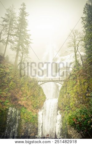 Vintage Tone Icy Multnomah Falls Oregon In Wintertime