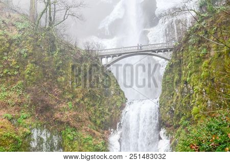 Icy Lower Tier Multnomah Falls Oregon In Wintertime
