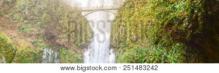 Panorama Icy Multnomah Falls Oregon In Wintertime