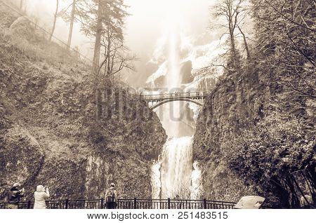 Vintage Tone Main Lookout Of Icy Multnomah Falls Oregon In Wintertime