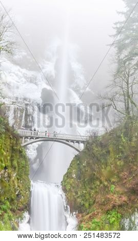 Icy Multnomah Falls Oregon In Wintertime