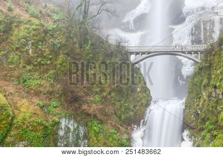 Icy Lower Tier Multnomah Falls Oregon In Wintertime