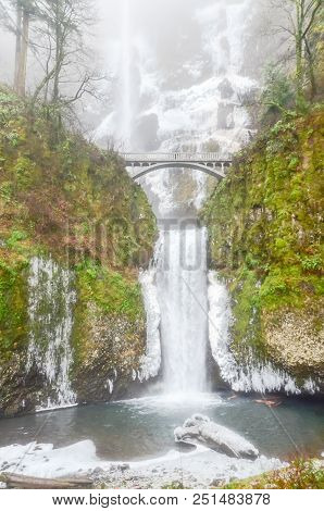 Icy Lower Tier Multnomah Falls Oregon In Wintertime