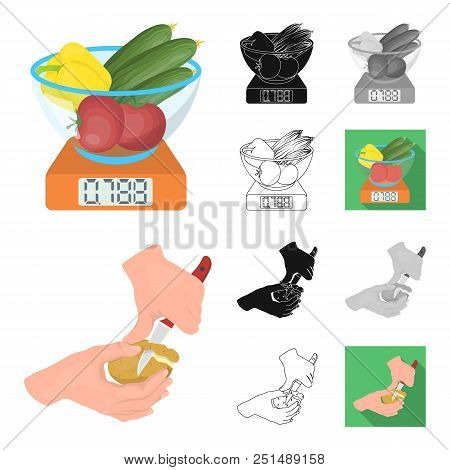 Cooking Food Cartoon, Black, Flat, Monochrome, Outline Icons In Set Collection For Design. Kitchen, 