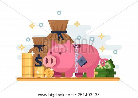 Saving And Protection Money Deposit. Vector Flat Illustration Of Piggy Bank With Padlock. Financial 