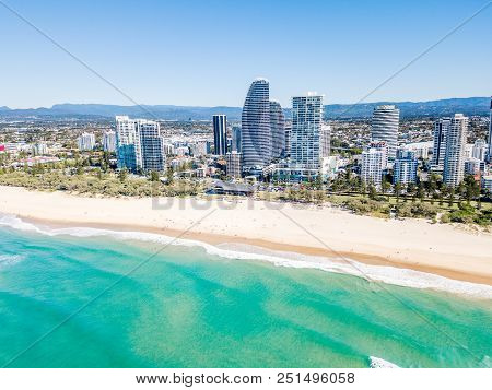 Broadbeach on a perfect blue water day from an aerial view on the Gold Coast