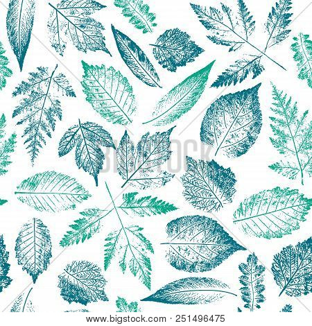 Abstract Botanical Pattern. Seamless Print Composed Of Blue And Green Stamps Of Leaves Of Tree And B