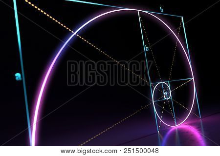 Fibonacci Golden Ratio Spiral On Black Background. 3d Rendered Illustration.