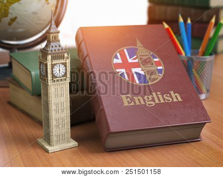 Studying and learn English concept. Book with flag of Great Britain and Big Ben tower on the table. 3d Iluustration