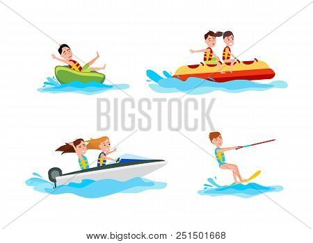 Kitesurfing Set Of Sports Collection Of Summer Activities For People, Boating And Banana Boat, Vecto