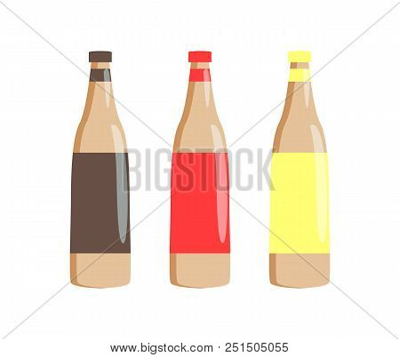Bottles Of Tasty Sauces For Hot-dogs Set. Spicy Barbecue, Tender Ketchup And Piquant Mustard In Plas