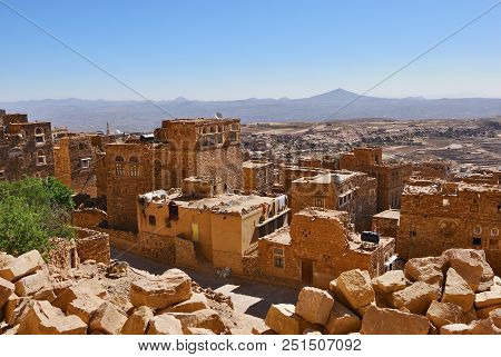 Countryside Landscape And Yemeni Medieval Architecture In The Village Of Thula At Haraz Mountains. Y